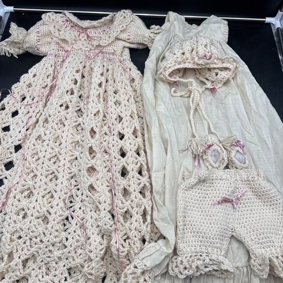 Handmade Other - VTG CHRISTENING HANDMADE Off WHITE CROCHET GOWN DRESS BABY Bonnet Booties Slip